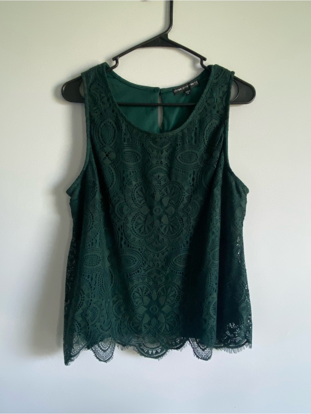 Three Pink Hearts Emerald Green Lace Top Size XL